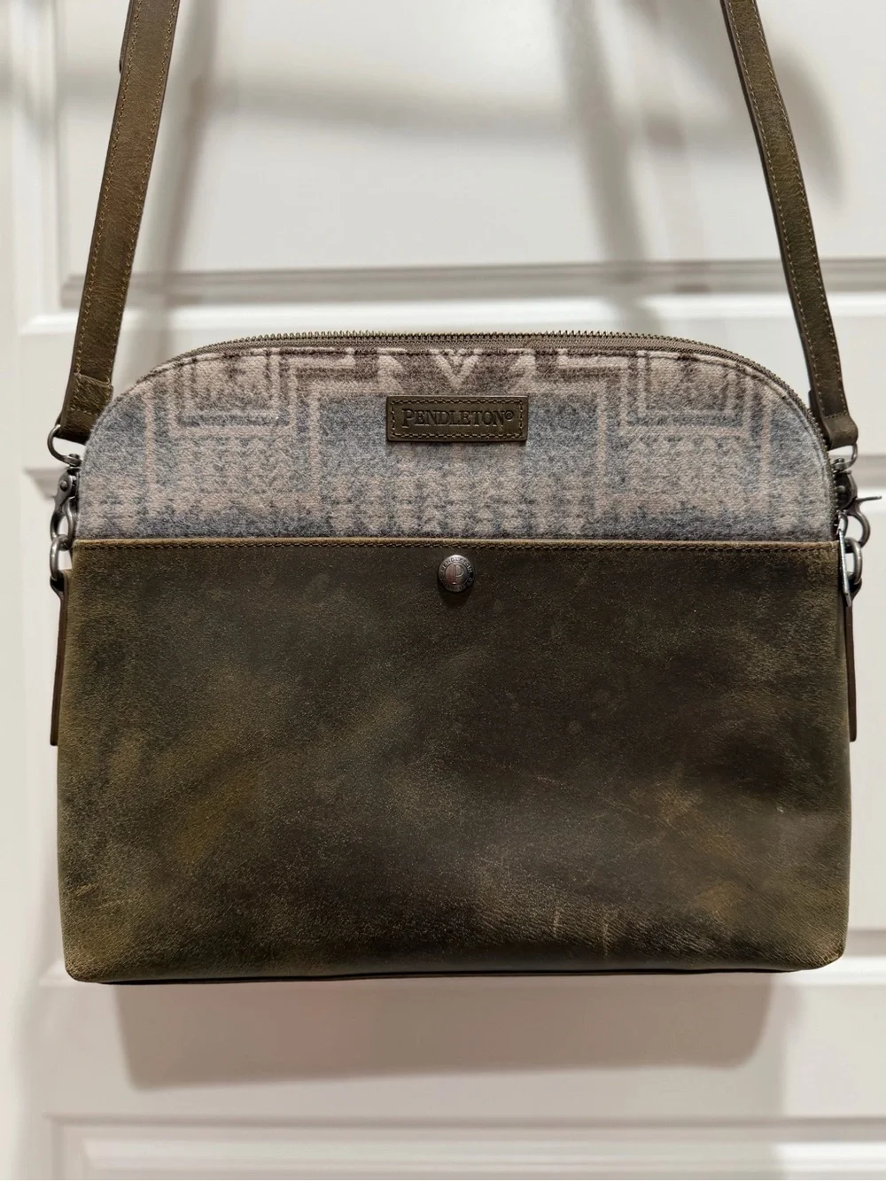 Pendleton Olive Leather and Patterned Wool Crossbody Bag